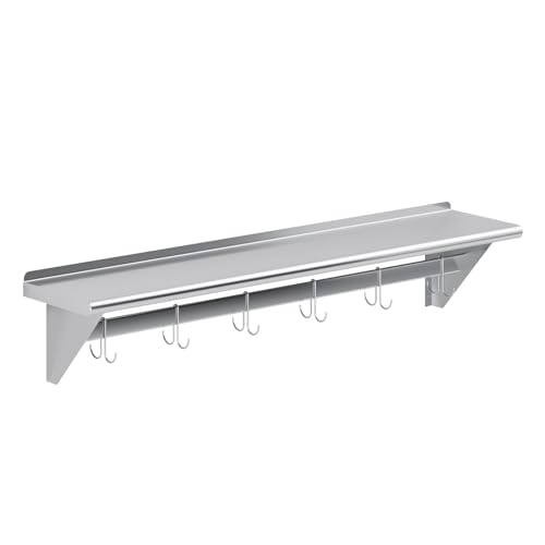 Image of AmGood 60 inch Long X 12 inch Deep Stainless Steel Wall Mounted Pot Rack with Shelf | NSF Certified
