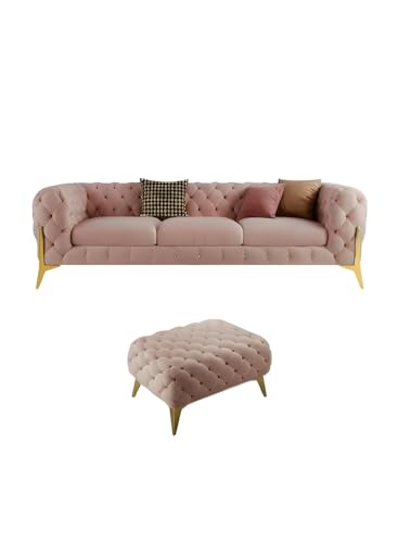 Image of A to Z Furniture Modern Classic Fabric & Valvet Tufted Chesterfield Sofa Living Room and Office (3+1= 4 Seater Sofa Set with Footrest Pink)