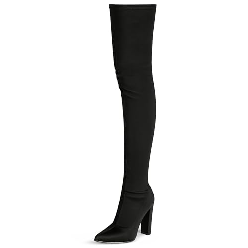 Thigh High Boots for Women Chunky High Heel Over The Knee Boots Stretch Pointed Toe GO GO Knee High Boot