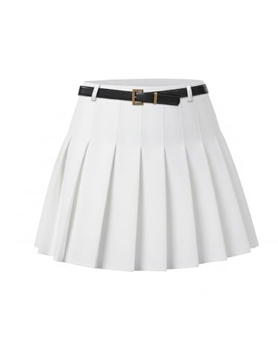 Scktoo Womens High Waisted Pleated Tennis Skirt With Built In Shorts Side Zipper A Line Skater Mini Skirt (White Belt Loops,Small)