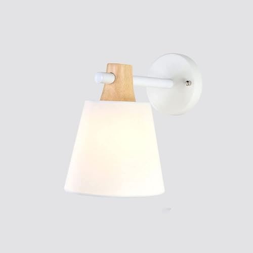 Modern Wooden Wall Light with Fabric Shade - Nordic Style E27 Sconce for Bedroom, Living Room, Hallway & Stairs - Stylish Home Decor Lamp for Bedside & Entrance (Bianco)