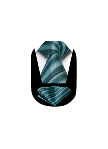 Image of HISDERN Mens Tie Striped Ties and Handkerchief Set Business Formal Woven Pocket Square Wedding College Stripe Necktie