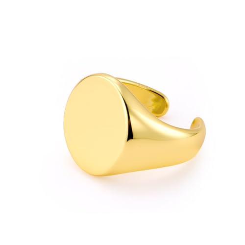 ALEXCRAFT Anillo Ancho Mujer Hombres Oro, Anillos de Sello Redondo, Anillo Abierto Ajustable, Hipoalergénico, Grueso, Acero, Oro 14 Quilates, Anillos Amistad Modo, Regalos de Joyería