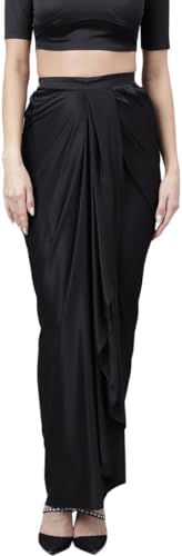 Image of Women's Modern Traditional Pre-Stitched Satin Saree with Modern Crop Top Blouse - Elegant Black Draped Sari for Parties and Special Occasions