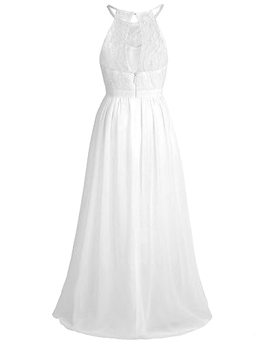 Kids Big Girls Chiffon Halter Neck Lace Wedding Junior Bridesmaid Flower Girl Dress Long Maxi Party Ball Gown3
