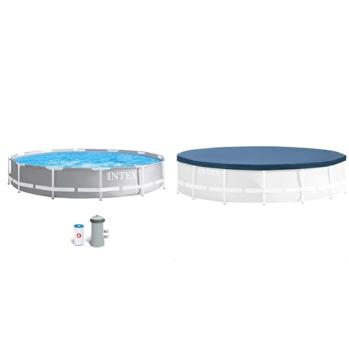 Intex 26712NP - Piscina Desmontable Redonda INTEX Prism Frame con depuradora & 28031 - Cobertor para Piscinas Desmontables Metal y Prism Frame 366 cm, Color Azul Marino