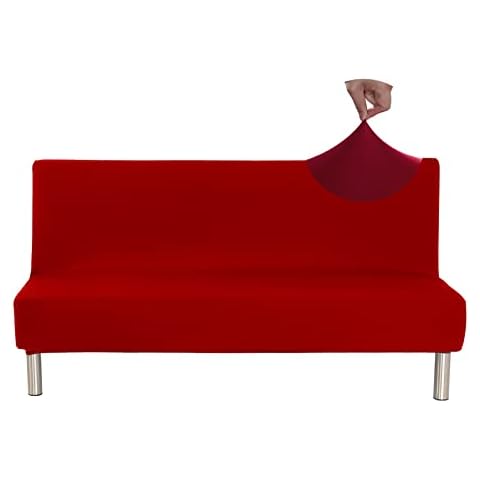Jaotto Armless Sofa Bed Cover, Stretch Armless Sofa Cover 3 Seater, Spandex Futon Slipcover Protector Non-Slip Elastic Full Folding Couch Sofa Protector for Sofa Bed without Armrests,Red Cover