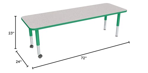 Image of Sprogs Adjustable Height Mobile Classroom Activity Table for Preschools, Rectangle Preschool Activity Table with Casters, 24 inchD x 72 inchW x 23 inchH, Gray /Green