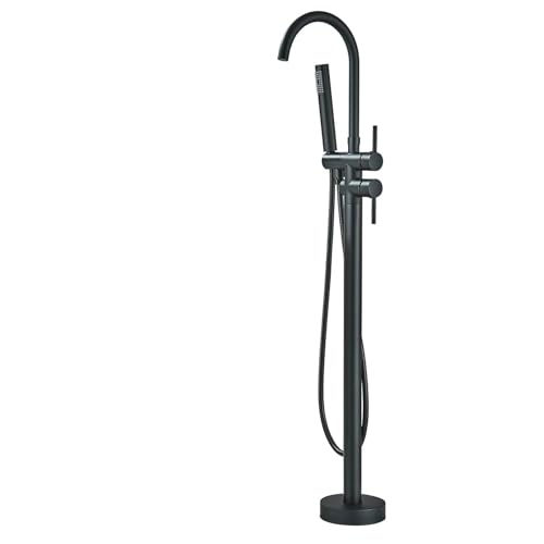 YAGATAP Freestanding Bathtub Faucet Floor Mount Tub Filler Matte Black High Flow Shower Faucets with Handheld Shower Mixer Taps Swivel Spout