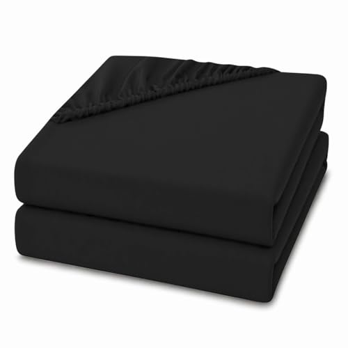 2 Pack Double Fitted Sheets 28cm Deep Pocket Ultra Soft Comfortable Microfibre Bed Sheets Breathable Wrinkle Fade & Shrink Resistant Easy Care Bedding (Black Double)