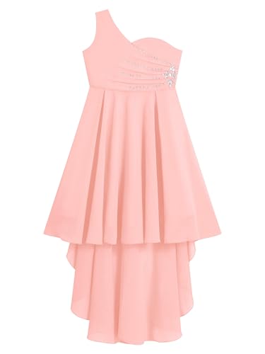 YiZYiF Flower Girl Dresses for Wedding Kids One Shoulder High Low Dress Shiny Ruched A-line Summer Sundress3