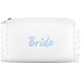Etercycle Bride Cosmetic Bag, White Satin Bride To Be Makeup Bags Exquisite Embroidery Something Blue Bridal Shower Gifts, Ruffle Toiletry Bag For Engagement Wedding Bridesmaid Bachelorette Party