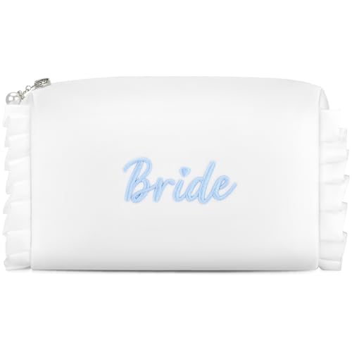 Etercycle Bride Cosmetic Bag, White Satin Bride To Be Makeup Bags Exquisite Embroidery Something Blue Bridal Shower Gifts, Ruffle Toiletry Bag For Engagement Wedding Bridesmaid Bachelorette Party