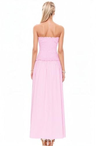 Image of Women Strapless Smocked Flowy Swing Boho Maxi Dress Tube Top Beach Dress | Smocked Bodice Flowy A Line Beach Dress with Pocket Casual Vacation Beach Wedding Guest Dress Off Shoulder Boho Dresses