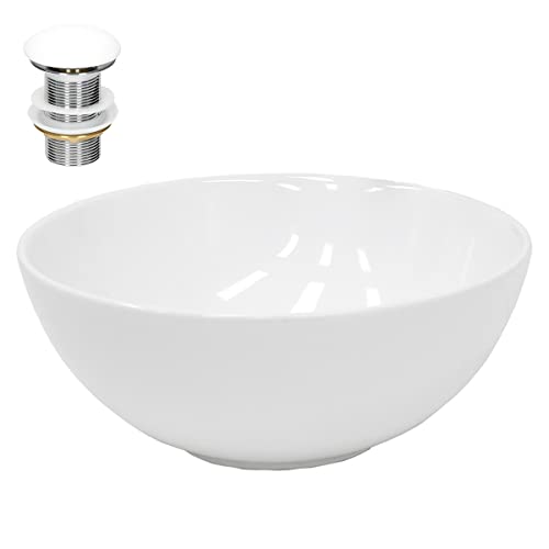 ECD Germany Lavabo en Céramique, Ø 320x135 mm, Blanc, avec Garniture de Vidage 1 1/4, pour Lavabo sans Trop-Plein, Vasque à Poser, Évier Moderne, Lave-Mains,...