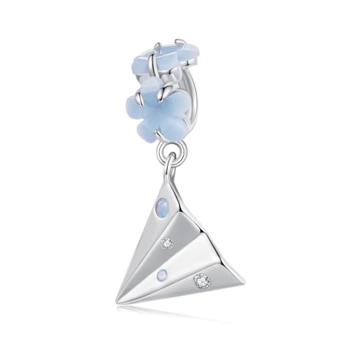 Dijes de avión de papel con flor azul en plata de ley 925 para pulseras