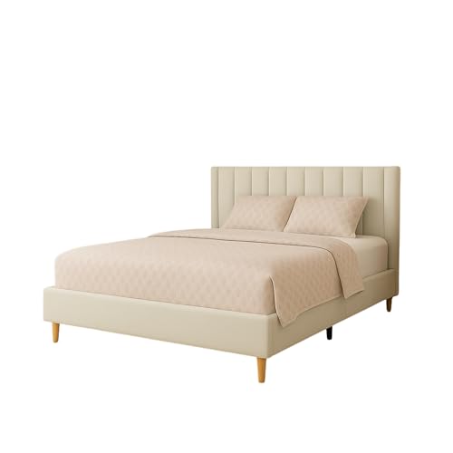 Image of Wooden Upholstered Bed King Size Without Storage | Wrought Iron King Size Cot with Headboard | Double Size Bed for Bedroom | Palang Furniture for Guest Room, White, (White)