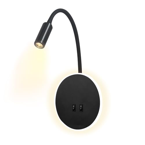 UKSUNVI Lanterna de parede LED Headline Leitura Lanterna de parede 12w Lanterna de parede LED ajustável Foco 3W + 9W 3000k Luz Quente (Círculo Preto)