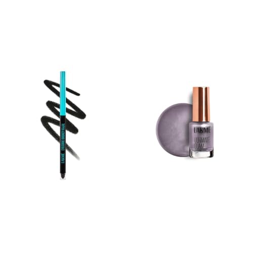 Image of LAKME 9-5 Eyeconic Smokey Kajal, Black 0.35g, for Smokey Eye Perfection, with 2x Darker Pigment, Smudge-Proof and Waterproof, Long-Wear Formula LAKME Ultimate Glam Chrome Nail Paint, Lilac 6ml