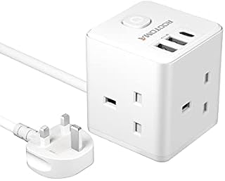 3 Way Extension Lead with USB Slots, Power Strip with USB C Socket( 1 Type C & 2 USB-A) Power Extension Cube, Multi Plug Extension Cable with 2M Cord for Home, Office, Dorm Room