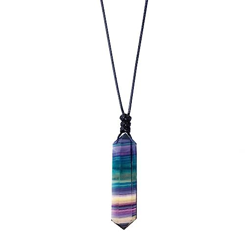 RJINGSHI Natural Colourful Fluorite Double Pointed Crystal Necklace Handmade Woven Healing Crystal Pendant Polished Gemstone Reiki Energy Stone Men and Women Necklace Gift