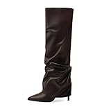 MOTIMODEN Fold Over Boots for Women Slouchy Pointed Toe Stiletto Heels (3.3 Inch) Original Fashionable Knee High Boots, Chic Dress Heeled Boots for Fall Winter Brown XYY-FBA-M1011BR