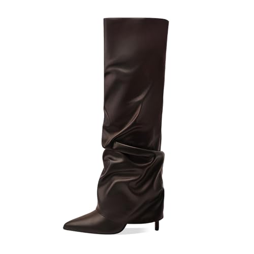 Image of Women's Knee High Boots Fold Over High Heel Pointed Toe Black White Long Boots Women Dress Tall Boots for Women