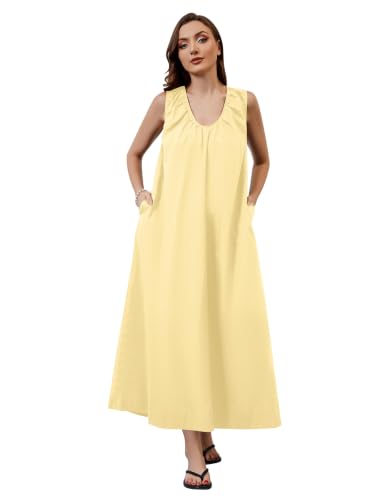 Image of OLAPTA Women Summer Sleeveless Maxi Dress Scoop Neck Ruched Loose Fit Casual Elegant Solid Vacation Long Dress with Pockets