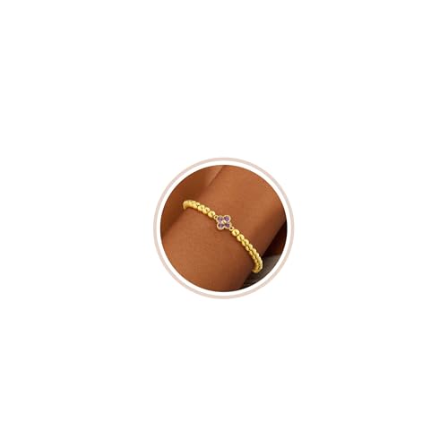 ZNBOH Pulsera Mujer Oro 18K Trébol 4 Hojas Amuletos de la Suerte y Proteccion Pulseras con Piedra de Nacimiento Amatista Cuentas Elastica Pulsera Dorada Joyas Regalo de Cumpleaños Mujer Niña Amiga
