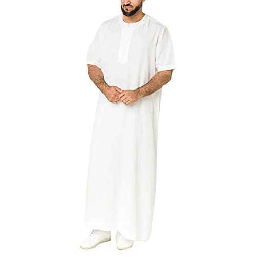 Long Gown Thobe for Men Saudi Arabic Muslim Dress Short Sleeve Kaftan Middle East Islamic Clothing, S-5XL (Color : White, Size : 5X-Large)