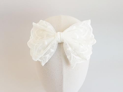 Large White Lace Bow Headband for Baby Girls, Soft Elastic Baby Headband Fits Newborn to 2 Years, Handmade Elegant Infant Hair Accessory for Baptism, Christening, Special Occasions