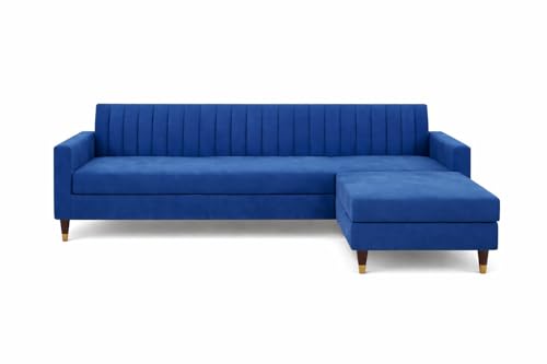 Image of Wooden L Shape Sofa 4 Seater with Ottoman | Velvet Fabric Upholstery | Modern Sectional Wooden Frame Couch for Living Room, Home & Office (Blue)