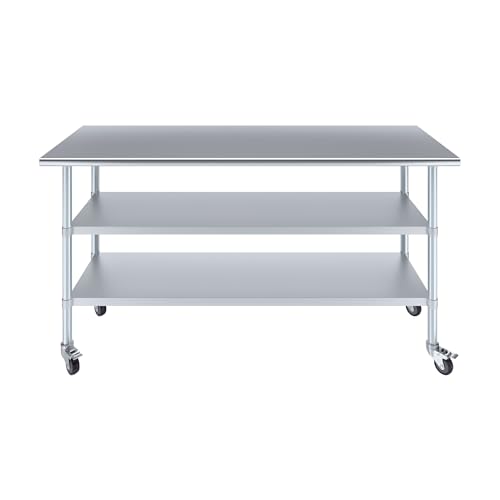 Image of AmGood Stainless Steel Work Table with 2 Shelves and Casters | Metal Utility Table On Wheels (Stainless Steel Work Table with 2 Shelves + Casters, 72 inch Long x 24 inch Deep)