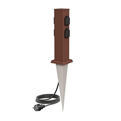 ledscom.de Presa da giardino a colonna Polly con picchetto a terra e cavo da 2 m per esterni, IP44, a 4 vie, marrone, quadrata, 40 cm