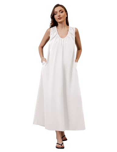 Image of Women Sleeveless Ruched Maxi Dress Scoop Neck Long Elegant Dresses Wide Shoulder Strap Blouse Dress with Side Pockets