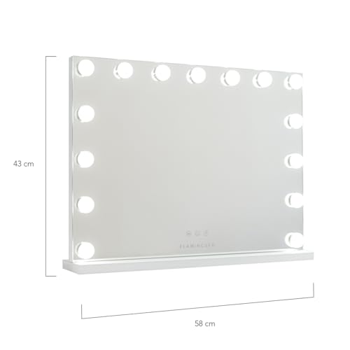 Flamingueo Espejo Maquillaje con Luz - 15 LED - 3 Modos de Luz - Intensidad Ajustable - Control Táctil - Vanity Mirror - Blanco - 58x12x43cm - imagen 9