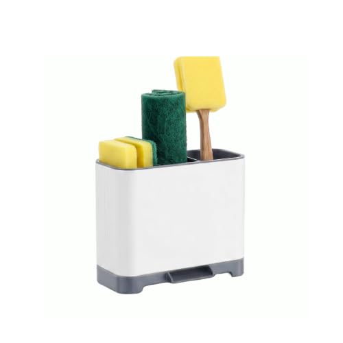 Amig - Organizador de Fregadero Noxi Soft - 13,5 x 9,5 x 18 cm - Acero y Plástico Resistente - Color Blanco - Soporte para Esponjas, Cepillos y Detergente con Bandeja Desmontable