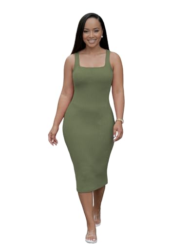 Image of TOPSRANI Women Sexy Midi Dress Bodycon Casual Sleeveless Basic Ruched Tank Summer Club Party Dresses