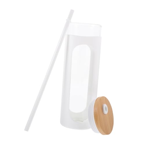 ULTECHNOVO Vaso de Vidrio Reutilizable con Tapa y Pajita Taza para Café Té Helado y Bebidas Frías con Funda de Silicona Blanca para Hogar y Oficina