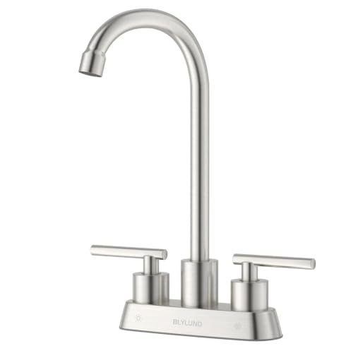 Image of Commercial Bar Sink Faucet 4 Inch Center Deck Mount, Stainless Steel High Arch 2 Hole Utility Sink Faucets with Dual Lever Handles for Laundry Campers (Brushed Nickel)