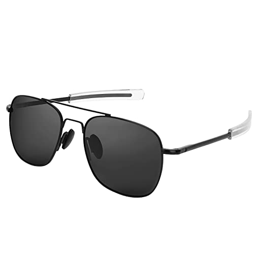 Men's Aviator Sunglasses American Army Military Pilot Polarized Sunglasses Bayonet Temples, Black Frame Black Lens, 55mm