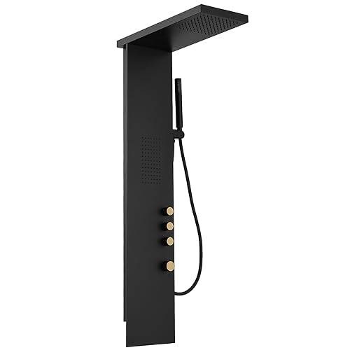 Bathfinesse Shower Panel Tower System Stainless Steel Rainfall Shower Massage Body Jets and Handheld Shower System 3-Functions Wall Mount, Black