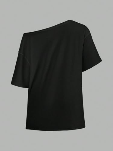 Image of SXV STYLE Casual Minimalist Lip Print Off-Shoulder Loose Short Sleeve T-Shirt