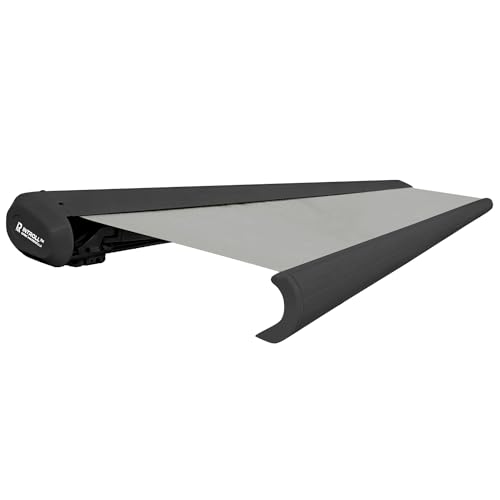 INTELROLL INT500 Full Cassette Retractable Awning, Canopy 3.5m x 3m (11.6ft x 9.10ft) For Garden Patio or Shop Front Manual Control Grey Frame with Acrylic Fabric 320gsm in Silver Grey
