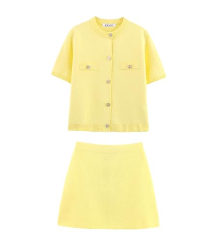 Women's 2 Piece Sweater Skirt Set Round Neck Short Sleeve Buttons Knitted Cardigan Bodycon Mini Skirt