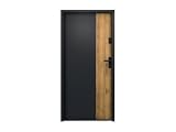 Vente-unique-Puerta de entrada sólida de acero Alt. 207 x L100 cm - Negro y efecto roble - apertura a la izquierda - MABENA