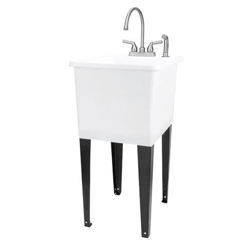 Image of White Space Saver Utility Sink by JS Jackson Supplies, Freestanding Tehila Space Saving Laundry Tub, Stainless Steel Gooseneck Faucet with Side Sprayer
