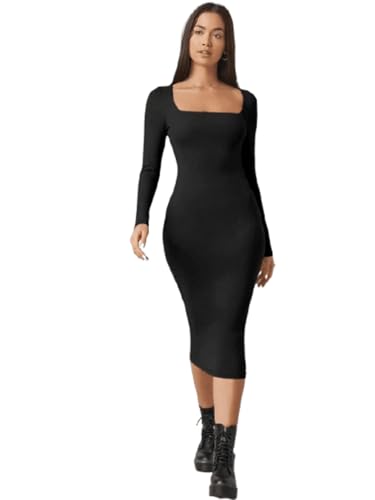 Image of Aahwan White Solid Square Neck Solid Midi Bodycon Dress for Women's & Girl's