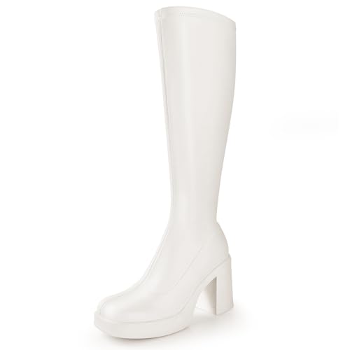 Ankis Knee High Platform Boots for Women - Chunky Heel Side Zipper Long GOGO Boots