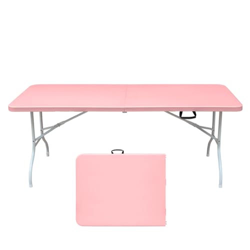 Anwick 6 Foot Folding Table Portable Fold-in-Half Plastic Picnic Table w/Handle and Steel Legs for Indoor, Outdoor, Camping, Party, Garden (Pink, 6ft)